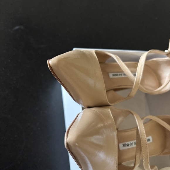 Size 37 Manolo Blahnik Nude Kid Leather 105 Crisscross Pumps - Picture 5 of 10